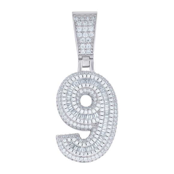 925 Sterling Silver Round Baguette Cubic-Zirconia Initial Number 9 Charm Pendant